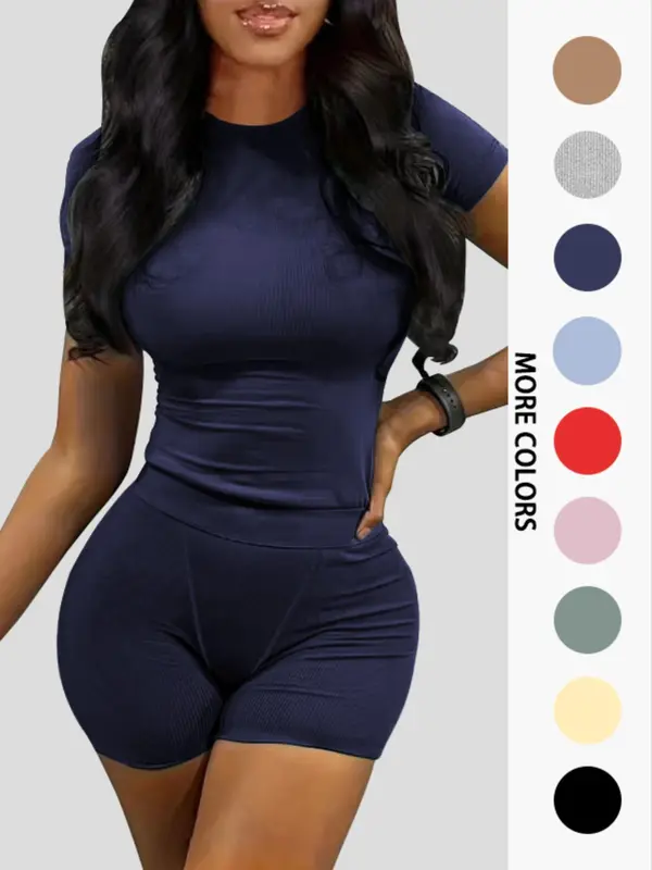 Women's Solid Ribbed Top & Skinny Shorts Set, Casual Comfy Round Neck Tee & Shorts For Yoga Gym Workout, Summer Clothes, Co ord Set Summer, Ladies Summer Clothing 6