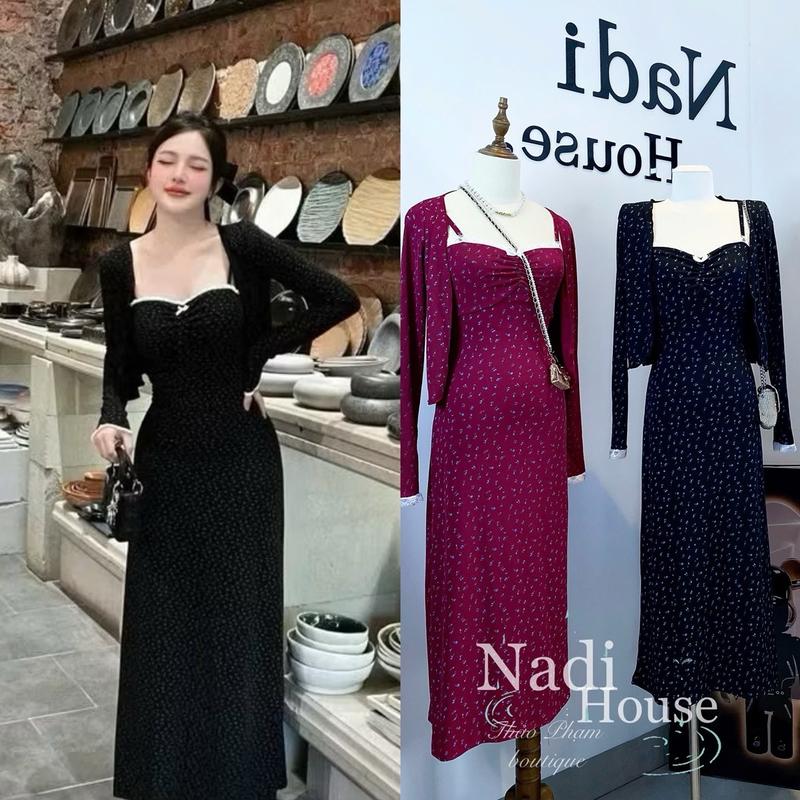   XẢ KHO   S07  SET VÁY 2 DÂY HOA NHÍ REN NGỰCC KÈM KHOÁC REN TAY  CHẤT TĂM GÂN  3 màu đen đỏ nâu   Nữ Women Kem Dress 