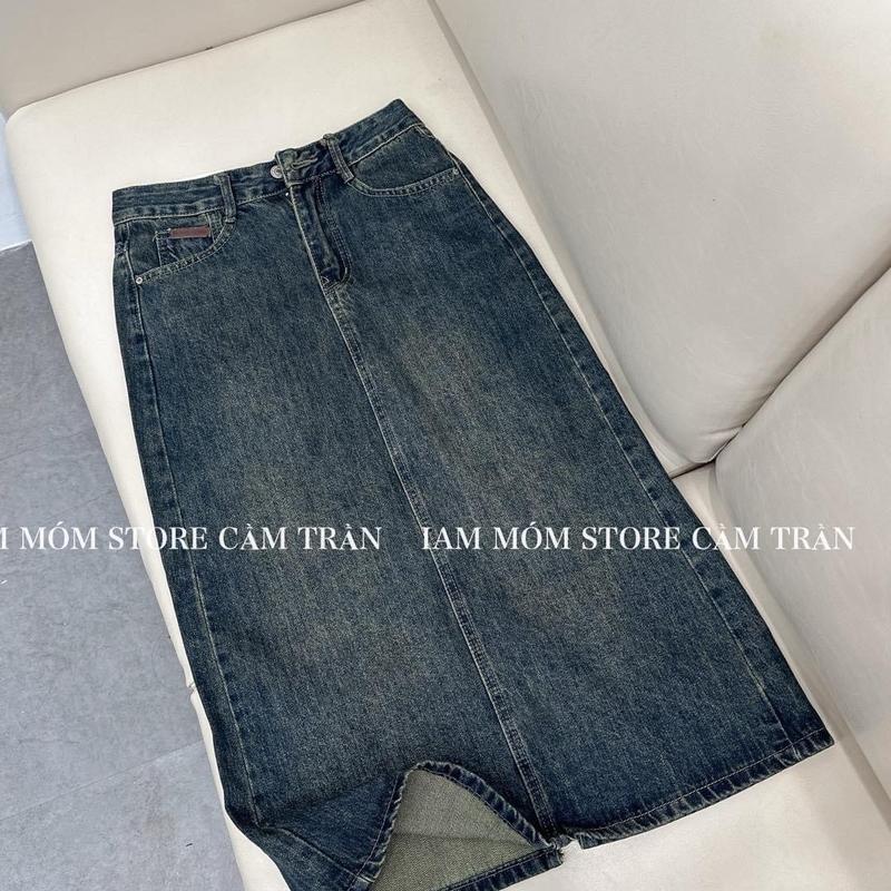Chân váy jean mác da thêu  túi sau dài 85cm  #HJ7561 [AN TÂY STORE68]