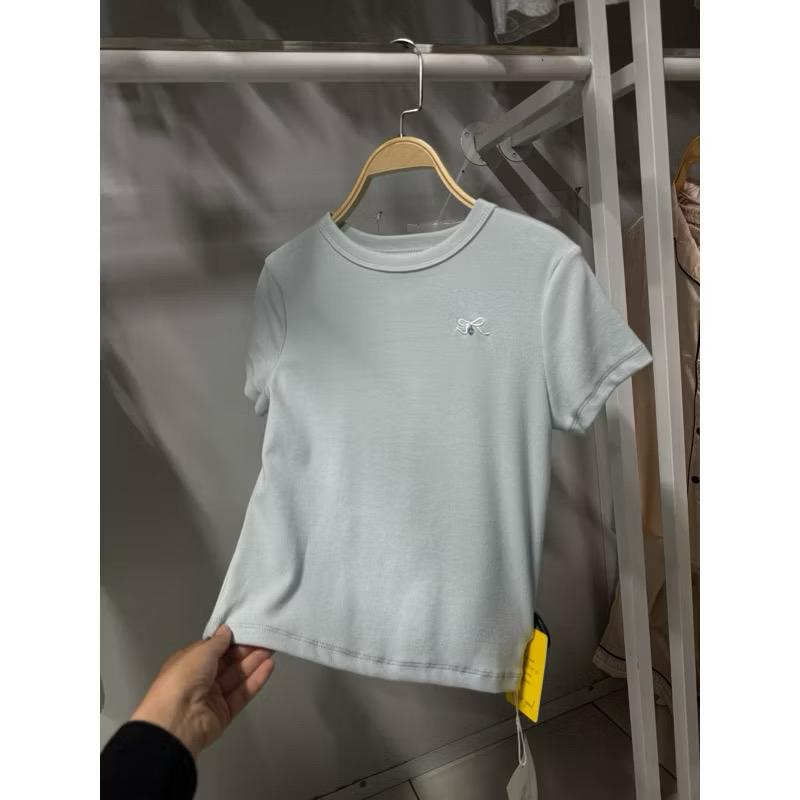 Product Introduction of ￼Tiệm nhà TiDi Áo thun tăm thêu nơ dáng babytee ôm Nữ Cổ Tròn 2