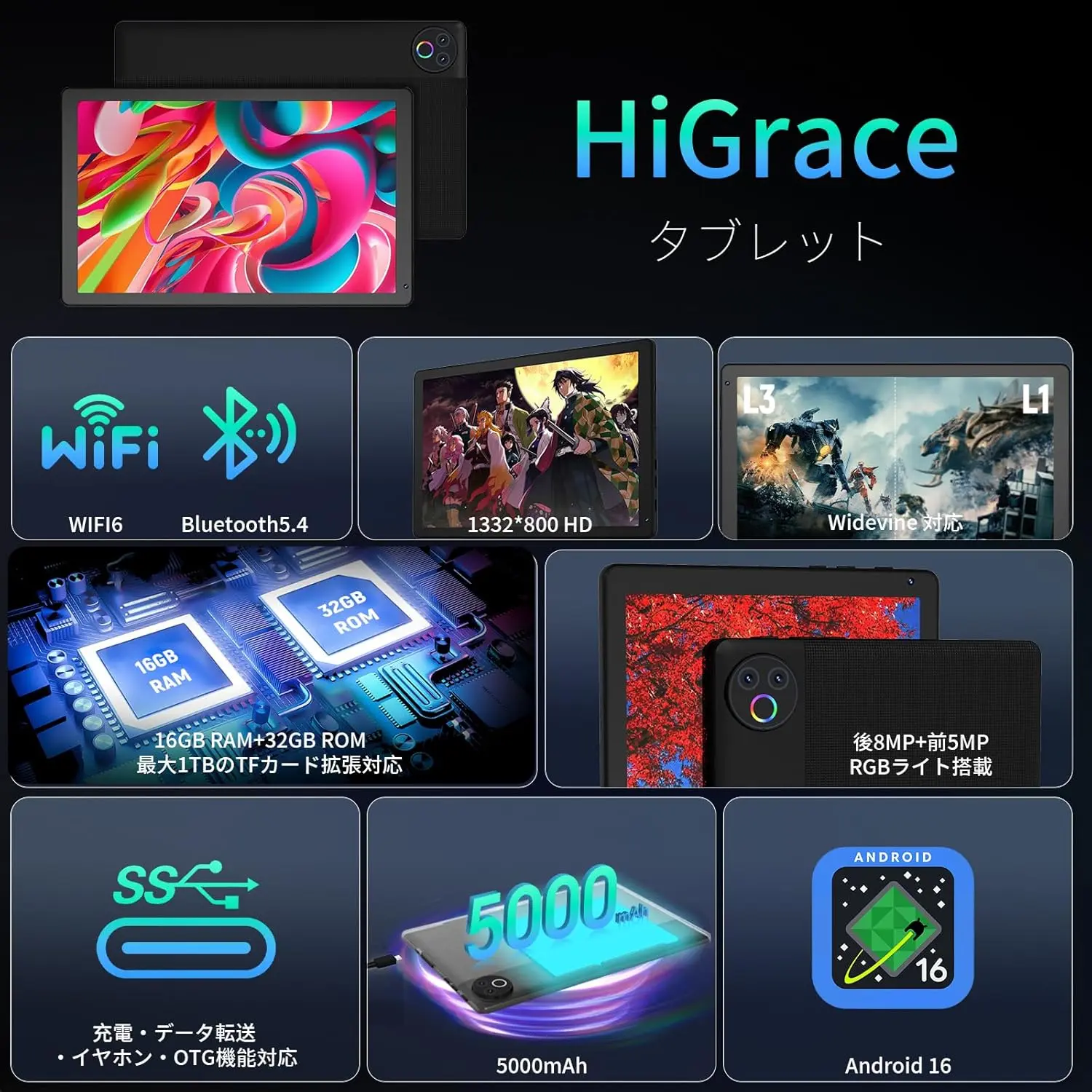 タブレット - HiGrace 10インチ Android16 Wi-Fi6モデル 1332*800 IPS