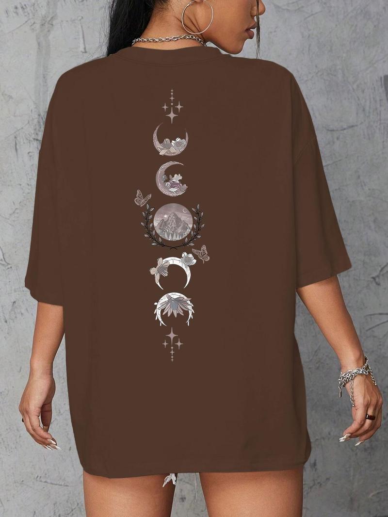 Product Introduction of Women's Mountain & Letter Print Round Neck Tee, Trendy Casual Crew Neck Short Sleeve T-shirt for Daily Wear, Ladies Summer Outfit 9