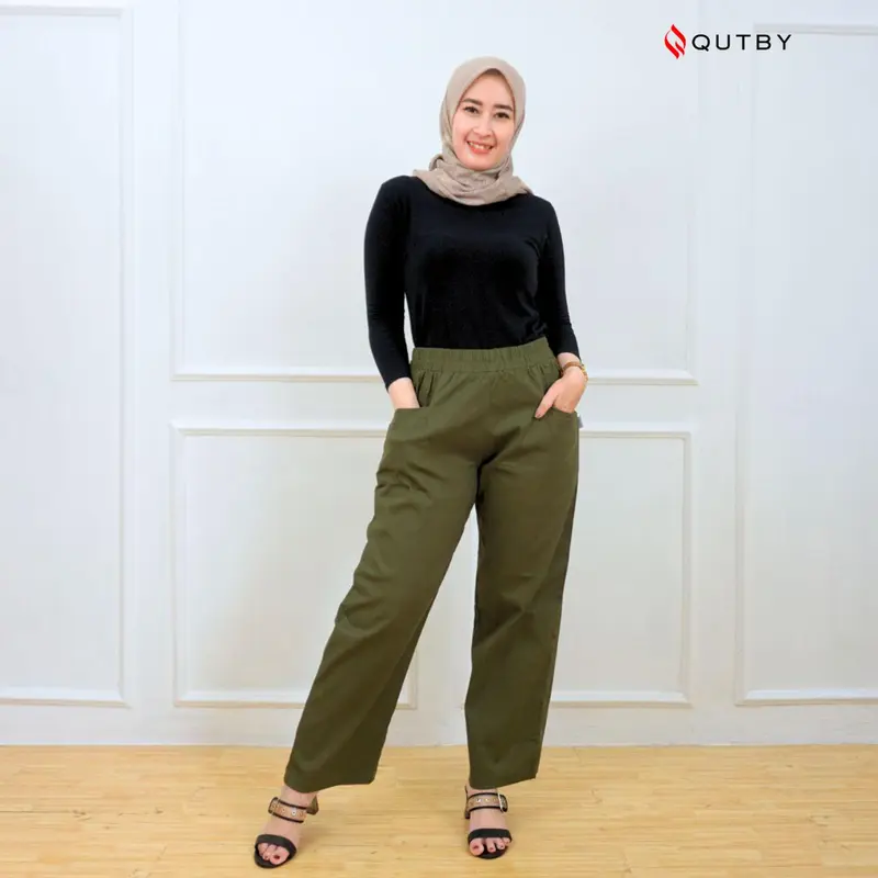 QUTBY - Celana Kulot Panjang Wanita Korean Long Pants Celana Kerja Jumbo Bahan Katun Twill Premium Full Karet Nyaman 3