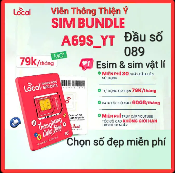 Sim 4G Local - Mobifone BUNDLE_A69S_YT 60Gb/tháng tốc độ cao{ Esim & sim vật lí }
