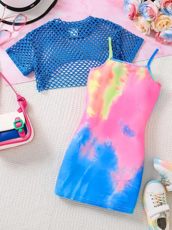 Girl's Solid Hollow Out Crop Top & Tie Dye Letter Print Cami Dress Two-piece Set, Casual Short Sleeve Top & Sleeveless Dress for Daily Wear, Kids Summer Clothes 1