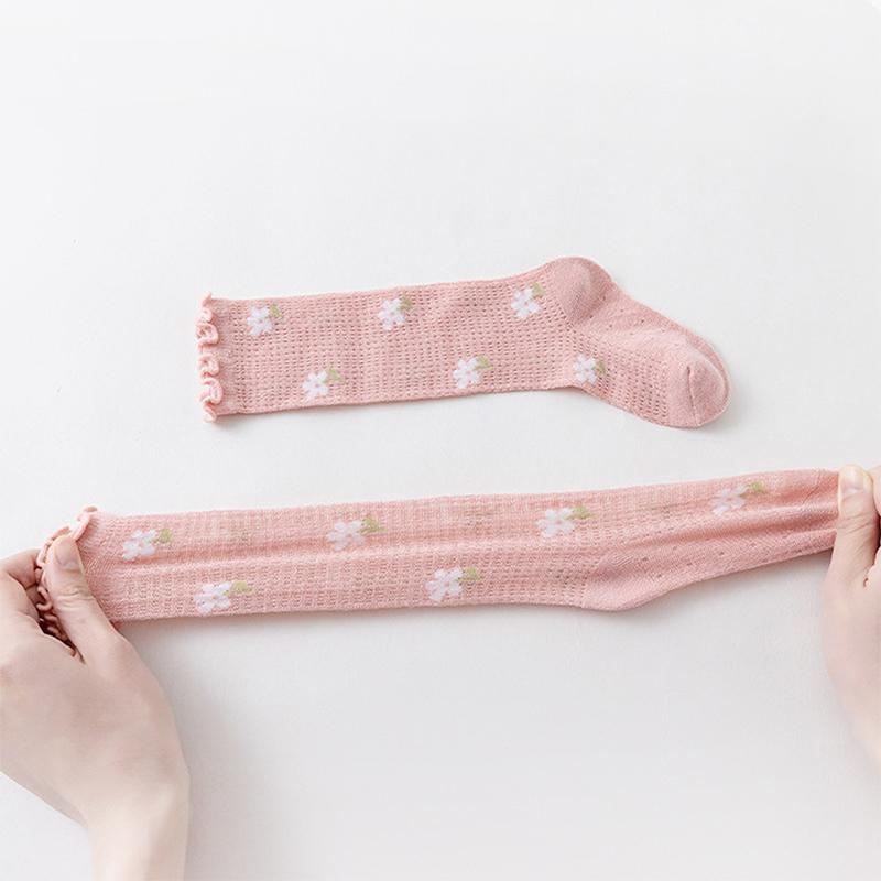 Product Introduction of Baby Socks for Girls Flower/Bear Print Mosquito Protection Mid-Calf Socks Spring Summer Breathable Kids Mesh Thin Socks 36