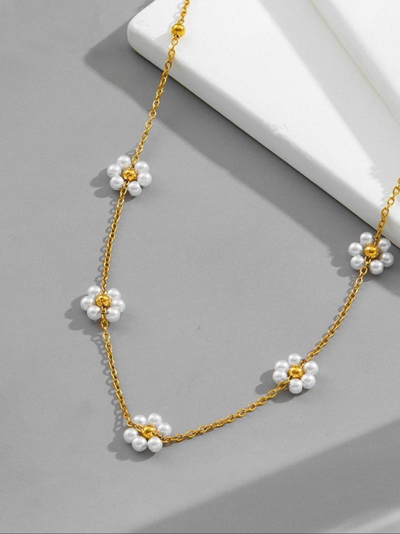 Product Introduction of Fashion Faux Pearl & Flower Decorated Necklace, Stainless Steel Jewelry for Party, Daily Decor, Trendy All-match & Exquisite Jewelry for Birthday Gift 4