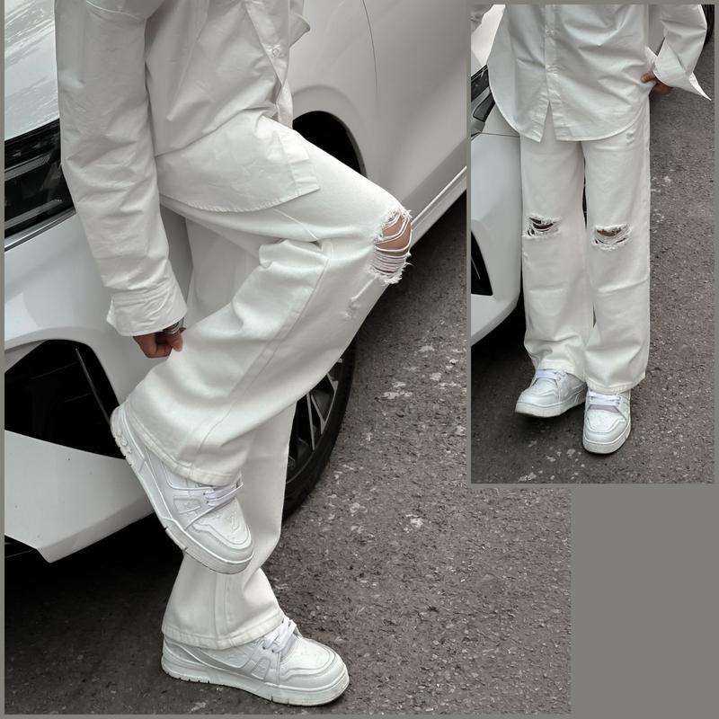 Quần jean trắng rách gối ống rộng dành cho cả nam và nữ Khánh vintage