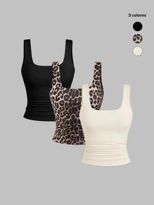 Camiseta sin mangas de color sólido y estampado de leopardo para mujer, top casual para primavera y otoño, ropa de damas para uso diario