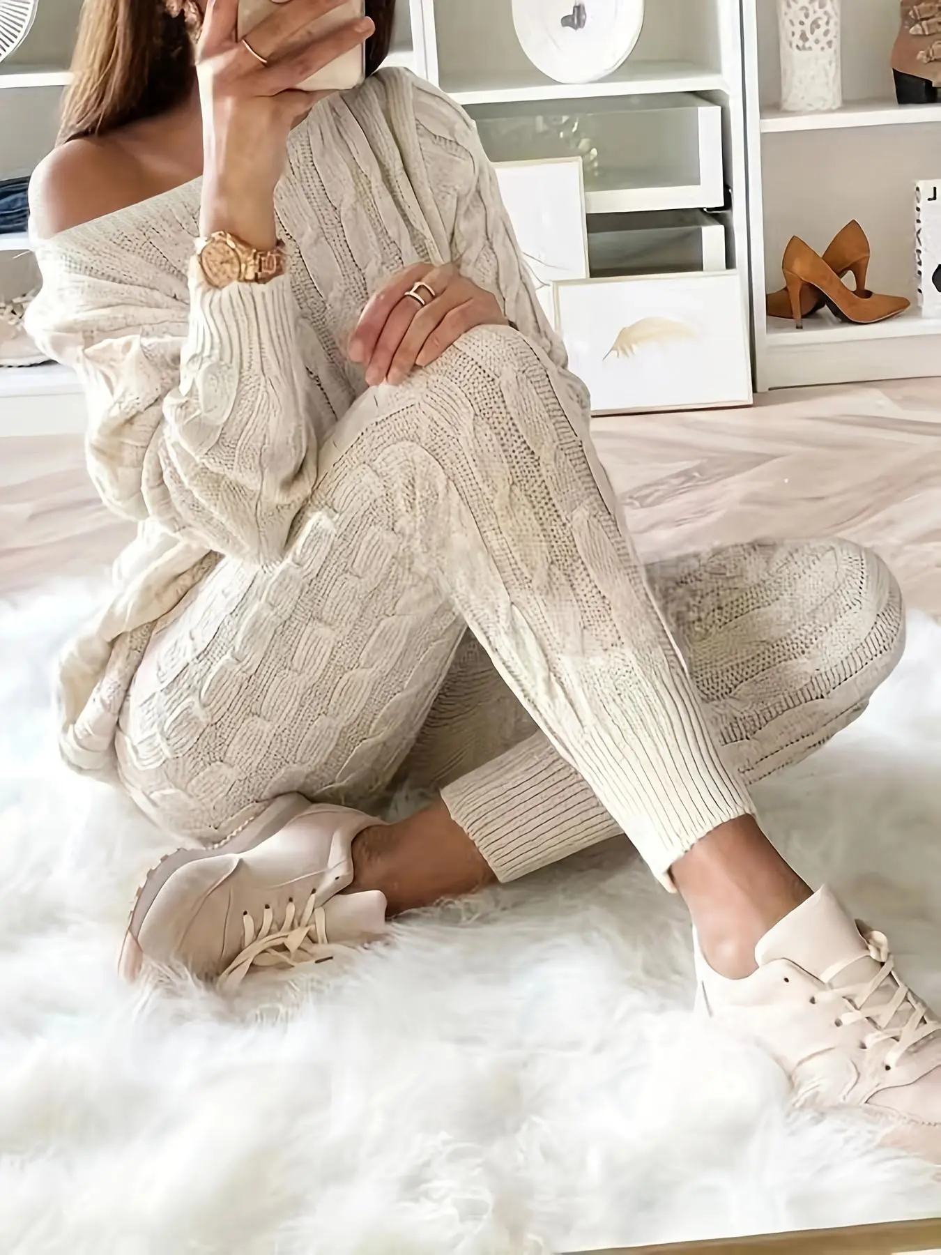 Women's Solid Drop Shoulder Sweater & Elastic Waist Pants Polyester Set, Casual Fashion Cozy Off The Shoulder Knit Top & Trousers, Tall Clothing Women, Women's Knitwear Outfits, Knitted Jumper, Balkan School Outfits, Spring Clothes Women
