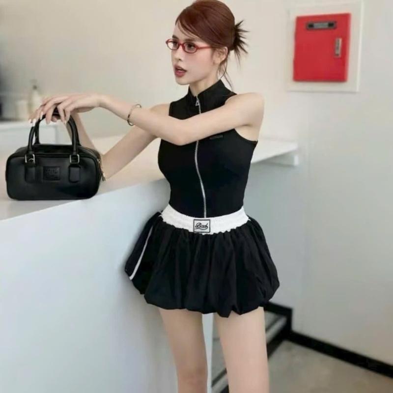 Set Áo Ba Lỗ Sát Nách Khóa Kéo Chân Váy Bí Phồng Kẻ Sọc Nữ Women 2