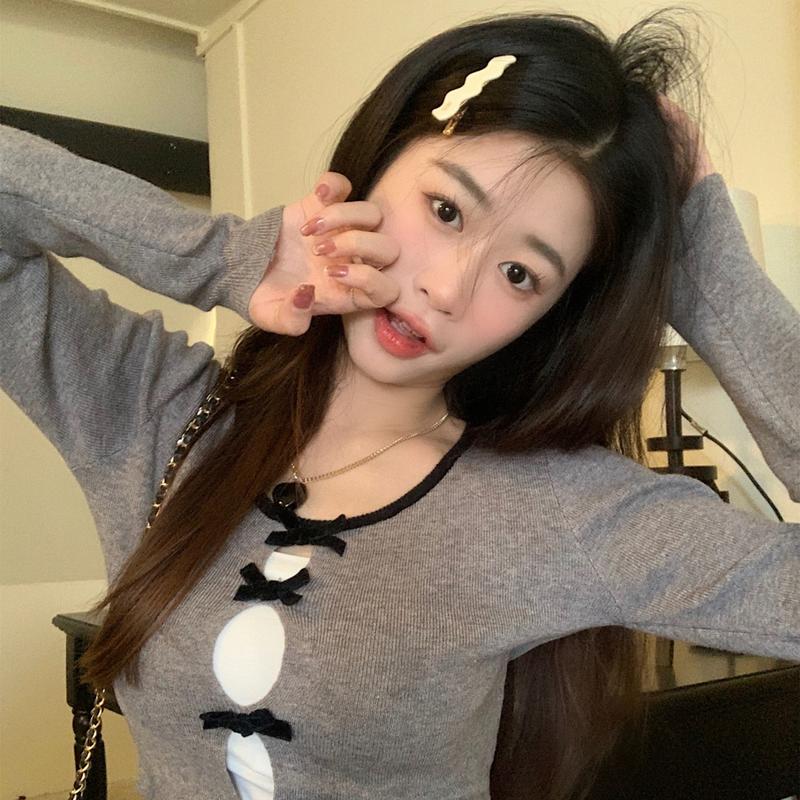Chanel Style Socialite Bow Long-Sleeved Knitted Women's Autumn New Design Hollow out Outer Wear Solid Color Long-Sleeved Top 2