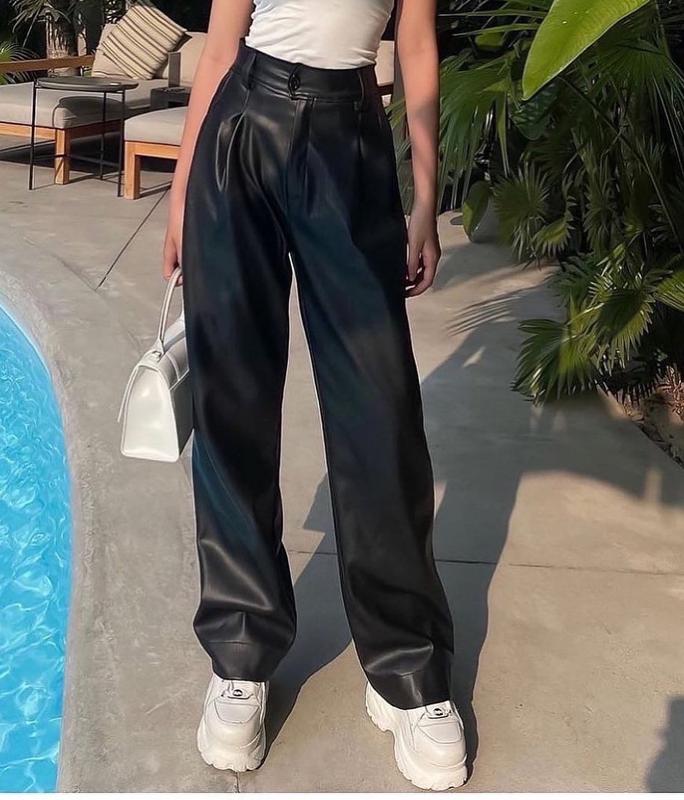 Quần Da ống rộng fom dài chất da pu 2 lớp lưng cạp cao Nữ Lưng Cao