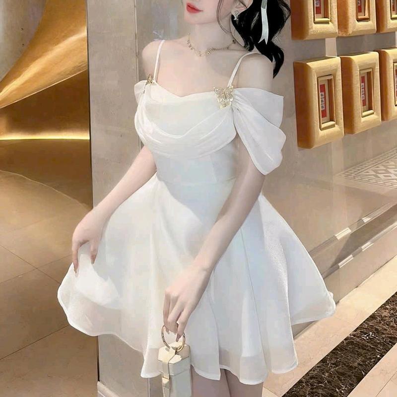 Đầm nữ 2 dây bệt vai tơ ánh kim kèm phụ kiện đi tiệc siêu xinh Women Dress 0