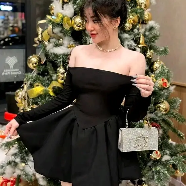 đầm trễ vai tay dài from xòe kèm quần siêu xinh hoa váy tiệc Kem Dress Voan Nữ 4