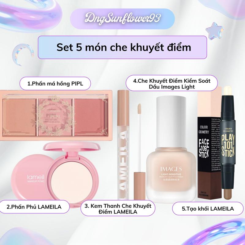  Set 5 món che khuyết điểm: Kem nền kiềm dầu Images Thanh che khuyết điểm Lameila Tạo khối Lameila Phấn phủ Lameila 