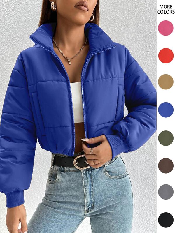 Women's Solid Zip Up Drop Shoulder Stand Collar Crop Puffer Jacket without Top, Coats for Women, Fashion Casual Mock Neck Zipper Short Coat, for Spring Fall Winter, Feminine Tops, Womens Tops 7