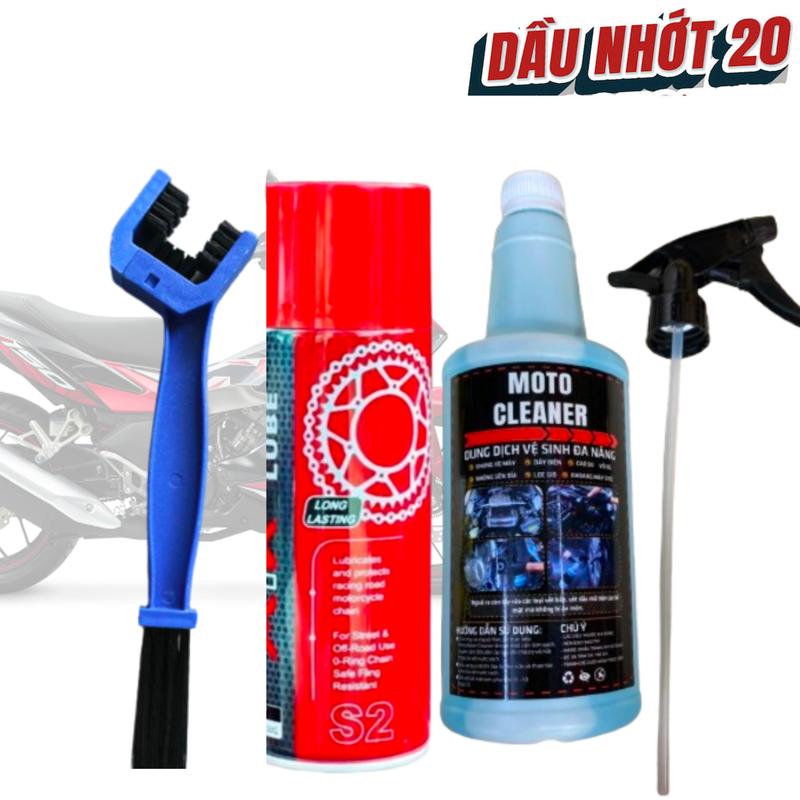 Combo Chai xịt vệ sinh đa năng Moto cleaner , tẩy rửa nhông sên dĩa kèm dưỡng sên X1R chống văng kèm bàn chải 3D
