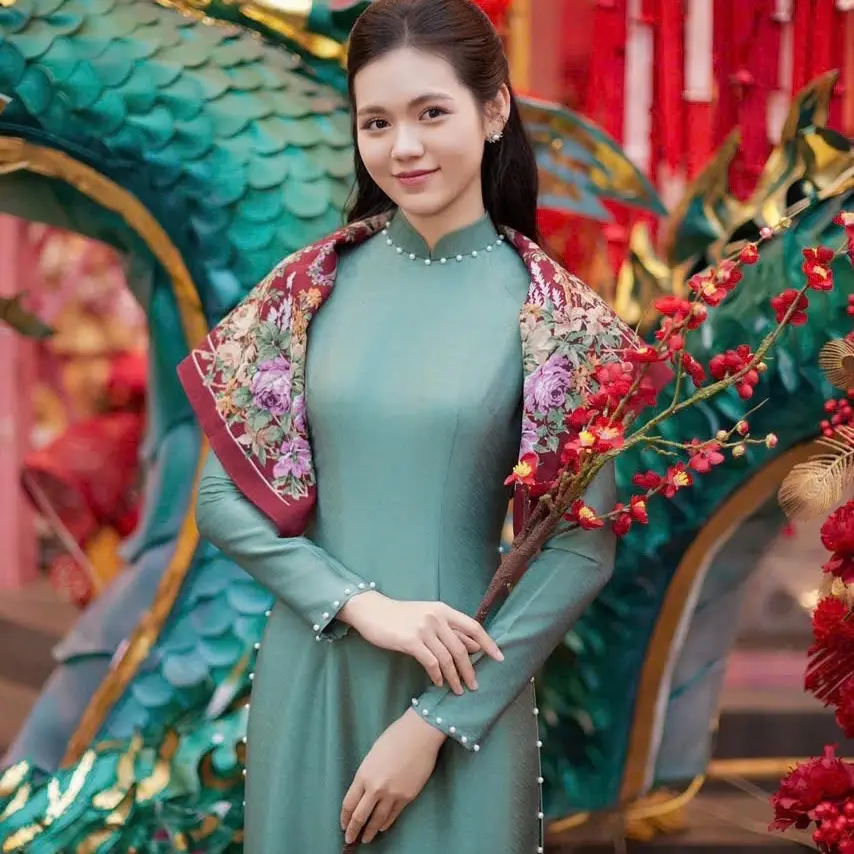 Áo dài lụa vân gỗ 4 màu kiểu dáng truyền thống Nữ Dress