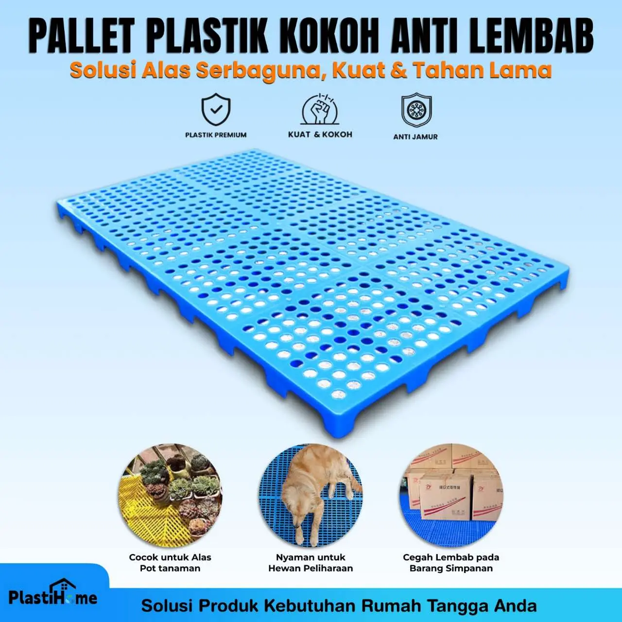 PlastiHome PALLET FLORING UKURAN 1000 X600 X50 mm kuat dan tebal  anti lembab harga murah bintik biruPalet plastik baru berkualitas tinggi Gunakan di musim hujan