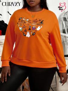 CURVZY Plus Size Fall Aesthetic Halloween Print Drop Shoulder Sweatshirt, Casual Long Sleeve Round Neck Pullover for Daily Wear, Women's Clothing for Fall & Winter