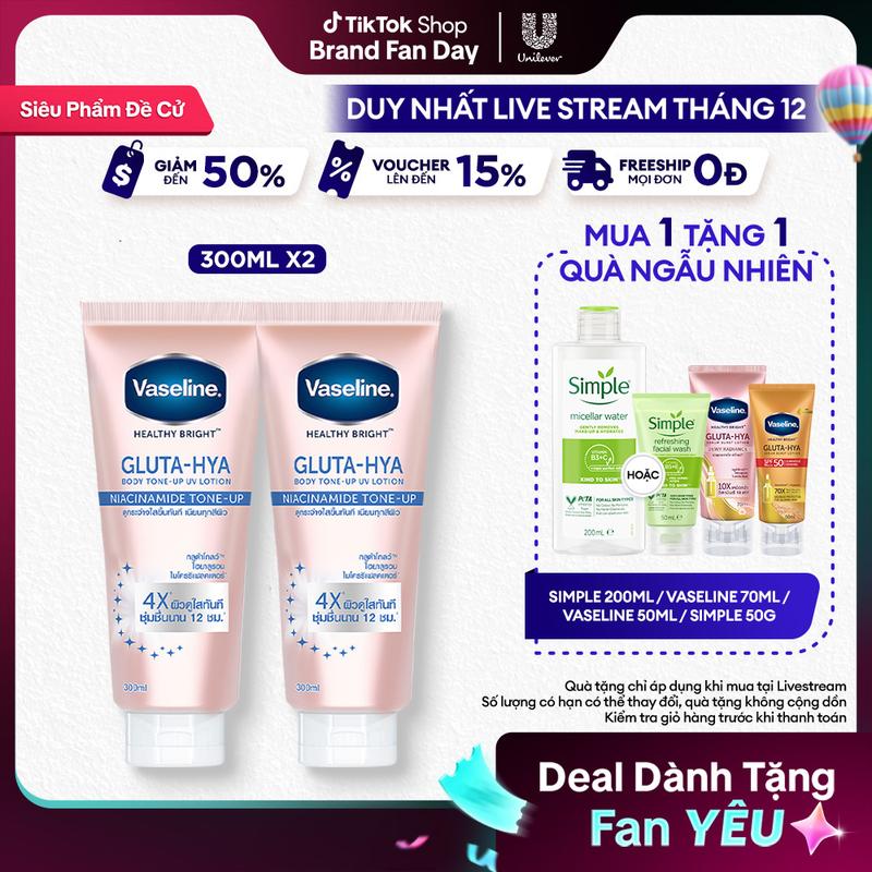 1 Combo 2 Vaseline Gluta-Hya Dưỡng Thể Nâng Tông Tức Thì Gấp 4x 300ML x2