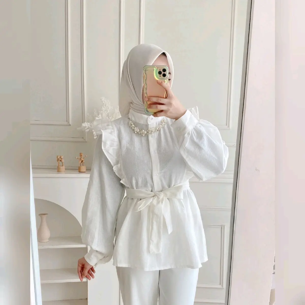 Fuji Blouse Ruffle | Kemeja Atasan Tangan Panjang Crinkle Airflow Full Kancing Busui Kerah Baju Wanita Casual Oversize Panjang Santai Variasi Ruffle Warna Khaki