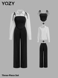 YOZY Women's Solid Color Striped Trim Crop Cami Top & Plain Shirt & Wide Leg Pant Set, Casual Fashion Three-piece Outfits for Daily Wear, Ladies Clothes for All Seasons, Valentine's Day Outfit