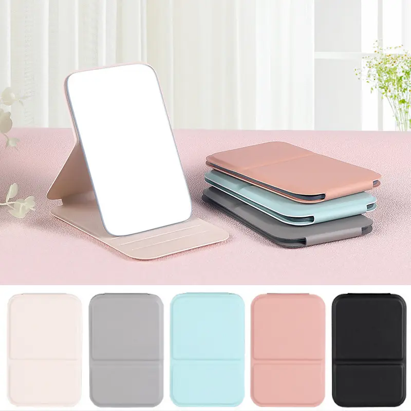 Cermin Solek Desktop, Warna Pepejal, Kulit PU, Mudah dan Mudah Alih, Pegang Tangan, Boleh Dilipat, Sesuai untuk Pelajar, Saiz Padat, Cermin Poket Comel, [SEJUK] Makeup Putih Hitam Coklat Biru Hijau Merah