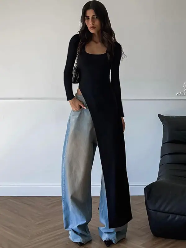 Women's Solid Asymmetrical Hem Scoop Neck Tee, Y2K Fashion Long Sleeve Longline Top for Party Club Holiday, Women Clothing for Fall & Winter 6