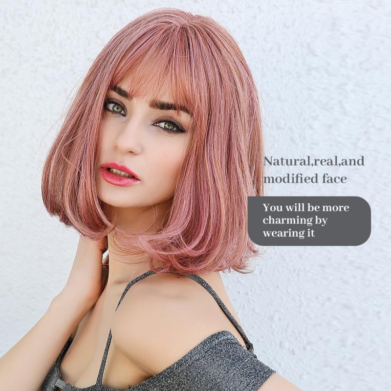 Product Introduction of Dark brown Short Bob hair wigs with bangs Synthetic wig 2