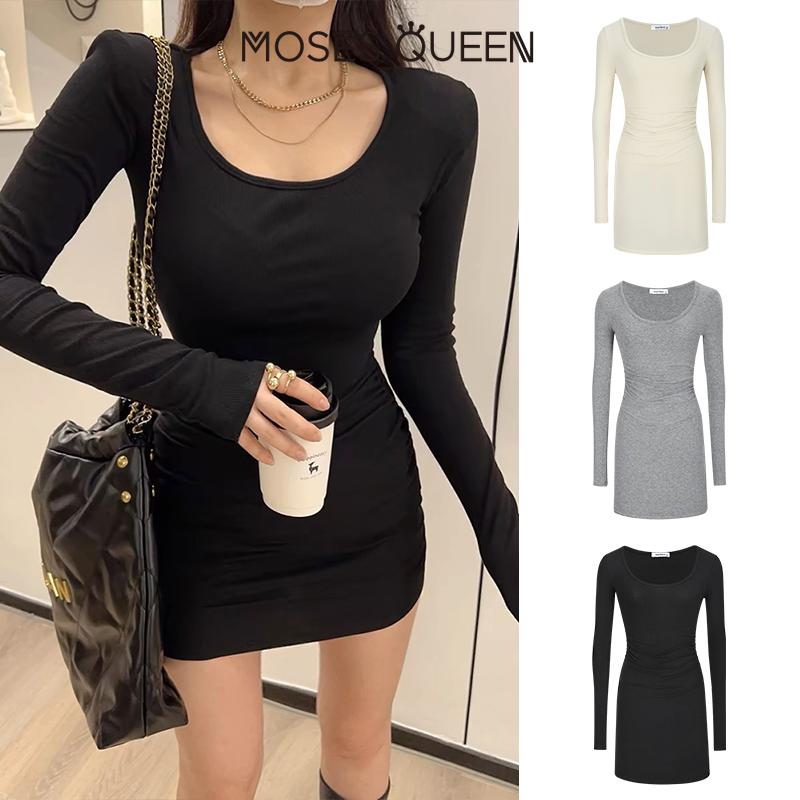  Váy Nữ Hot Nữ Hoàng Moses Cổ Chữ U Lớn Dài Tay Xếp Ly Bodycon Váy Ngắn Eo Đáy 62262 # Quần Áo Nữ 