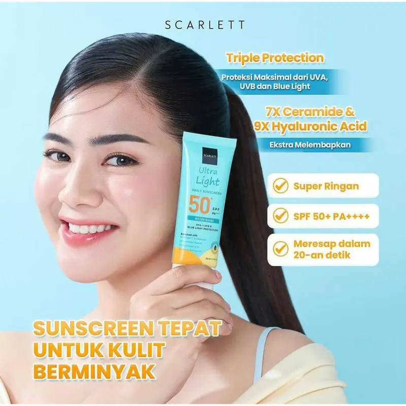 Scarlett Whitening Ultra Light Daily Sunscreen SPF50 | Oily Skin Friendly | Sunscreen Kulit Berminyak Acid Ceramide Wajah Hyaluronic 1