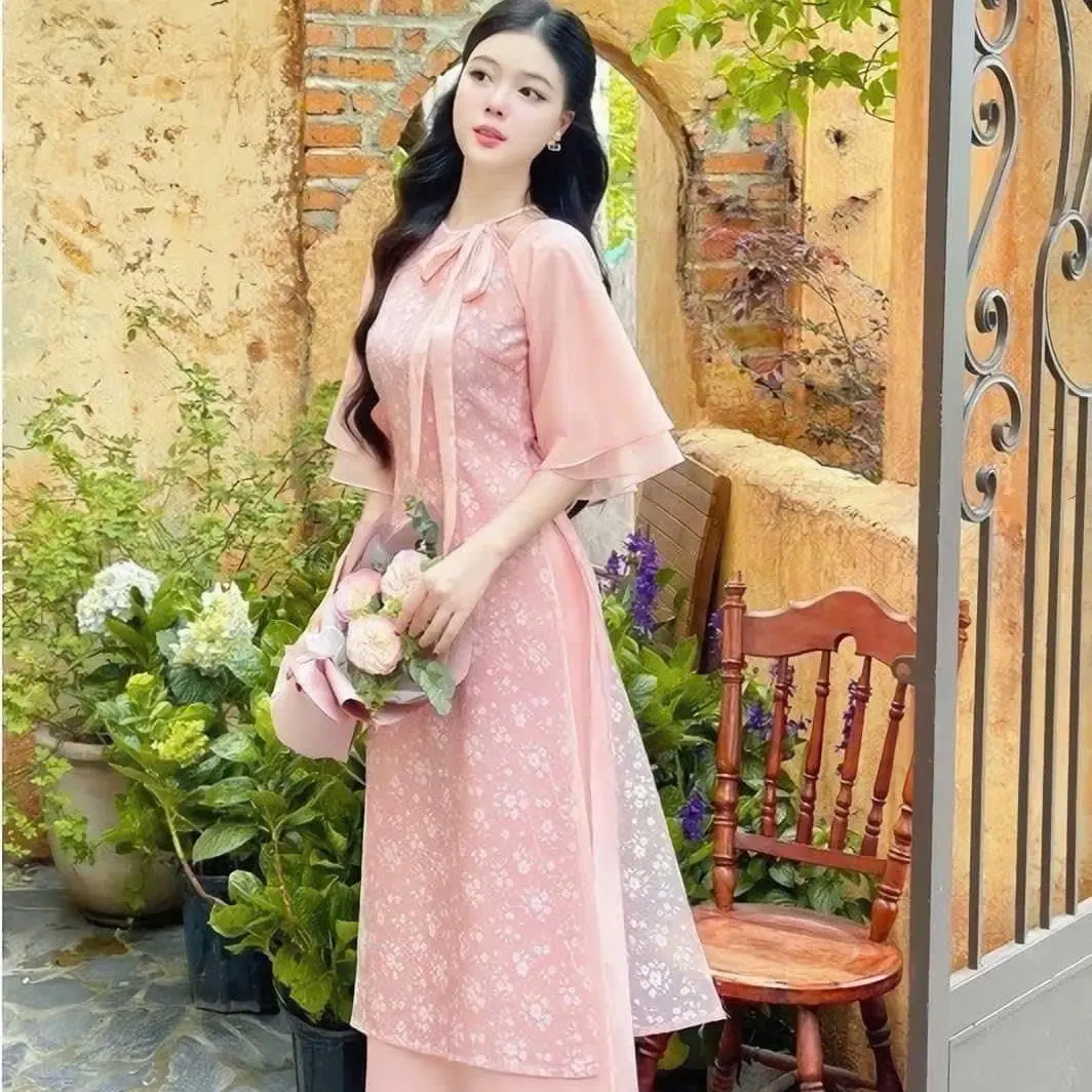 Sét áo dài tơ thêu tay lỡ tầng cổ áo cột nơ xinh xắn phong cách nàng thơ Nữ Dress Women Tay Loe Màu Hồng Màu Hồng