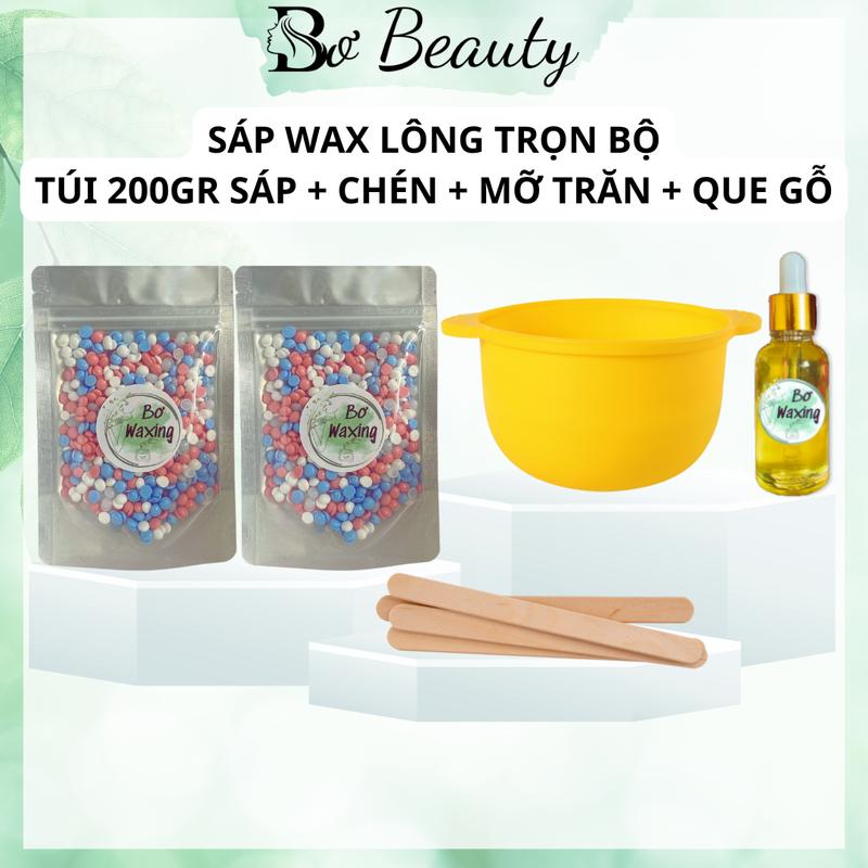 Sáp wax lông cao cấp trọn bộ gồm túi 200gr sáp sữa dừa mix nhiều màu + chén silicone + 10ml mỡ trăn nguyên chất + que gỗ [Che tên SP]