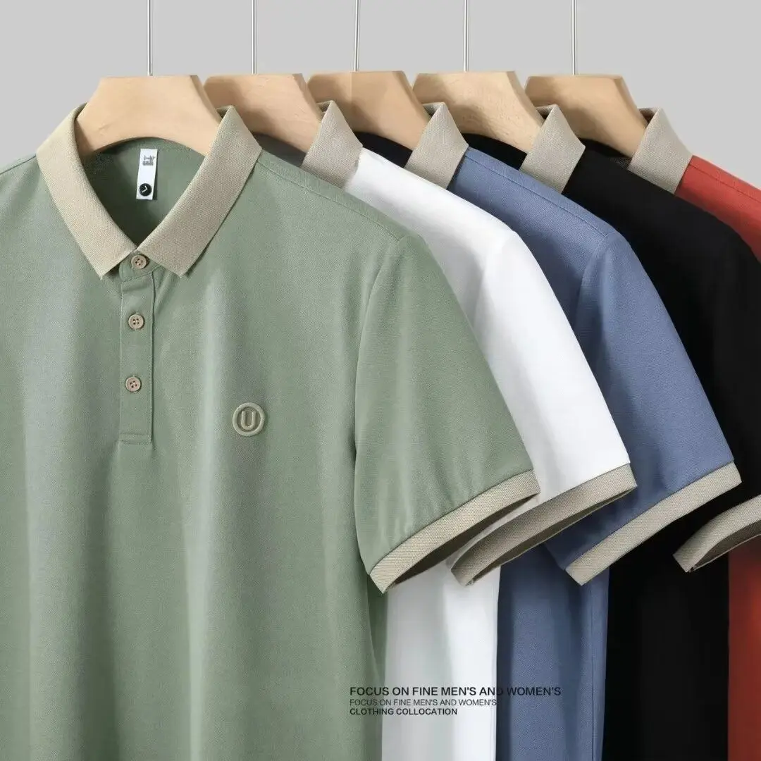 No.1 Men's Short-Sleeved T-shirt Business Casual Summer New Solid Color Color Stitching Turnover Neck Polo Light Luxury Leading Men's Clothing