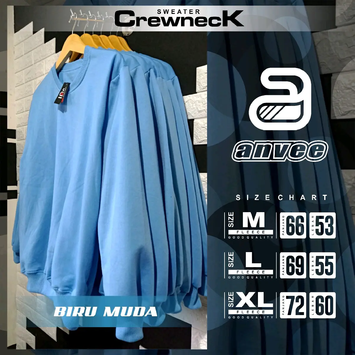 Anvee Sweater Crewneck Polos Pria Wanita Biru Muda