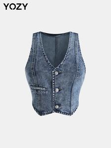 YOZY Women's Denim-effect Print V Neck Crop Vest Jacket, Casual Sleeveless Button Front Fake Pocket Waistcoat for All Seasons, Ladies Clothes for Daily Wear