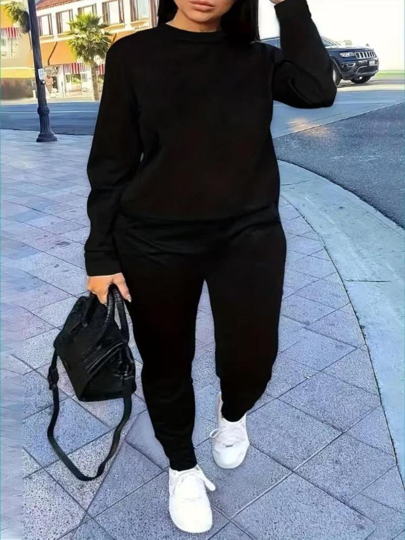 Product Introduction of 【Plus Size】 Solid Sweatshirt & Pants Set, Casual Long Sleeve Pullover & Jogger Pants, Women's Spring & Fall Clothes for Daily Wear 3