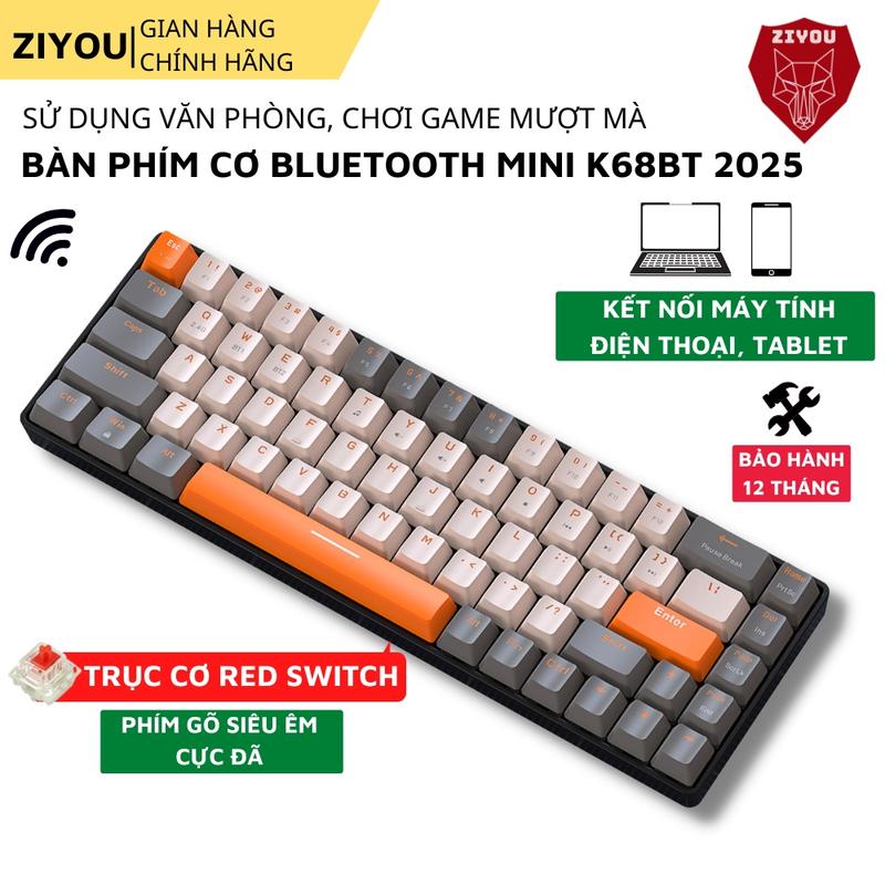 Bàn Phím Không Dây Bluetooth Ziyou K68BT Phím Cơ Red Switch Gõ Êm Phím Nhỏ Gọn Giảm Ồn Gõ Cực Thích Kết Nối Đa Năng Máy Tính/Điện Thoại/Macbook