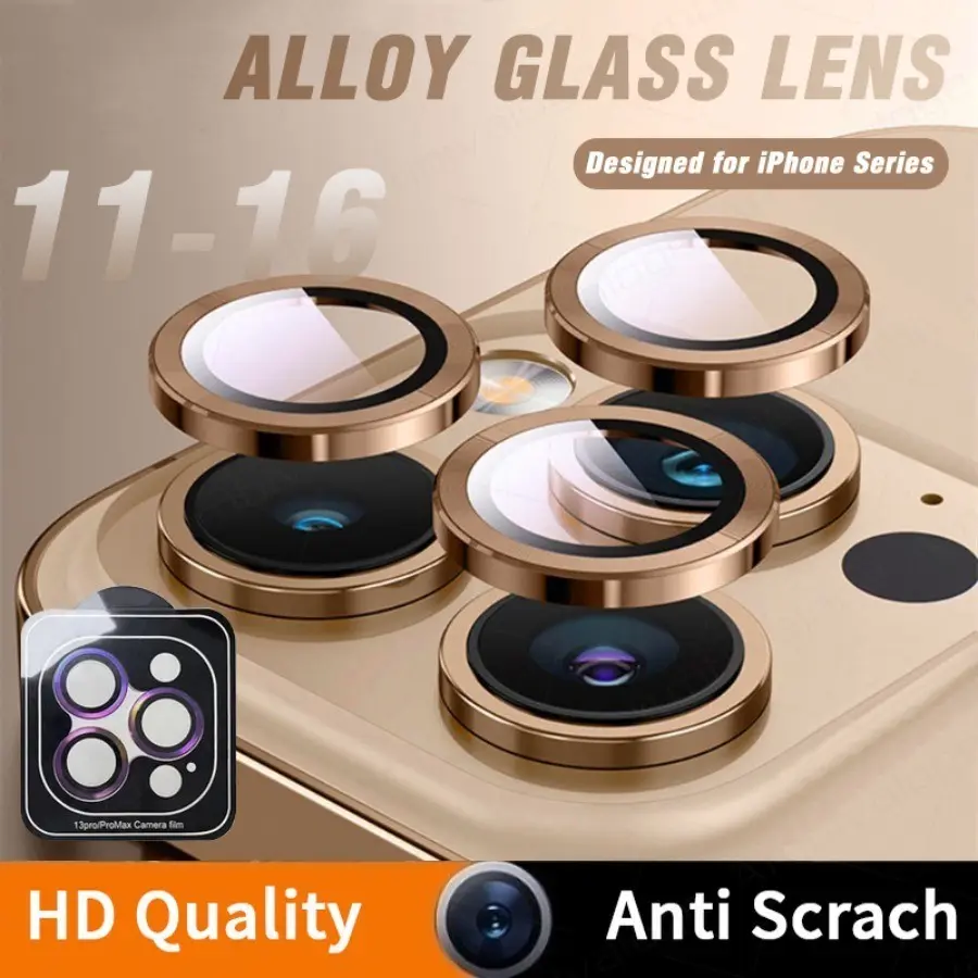 Luxury Camera Lens Protector for iPhone 16 15 14 13 12 11 Pro Max Positioning Metal Ring With Tempered Glass 1 Set