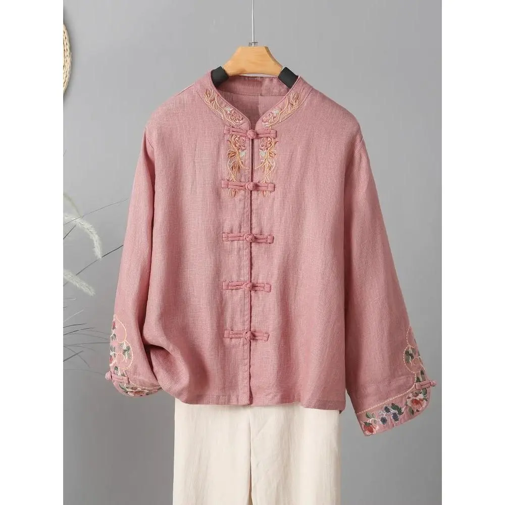 V71515# Tops For Women Embroidery Vintage Cotton And Linen Ethnic Trend Womens Tops