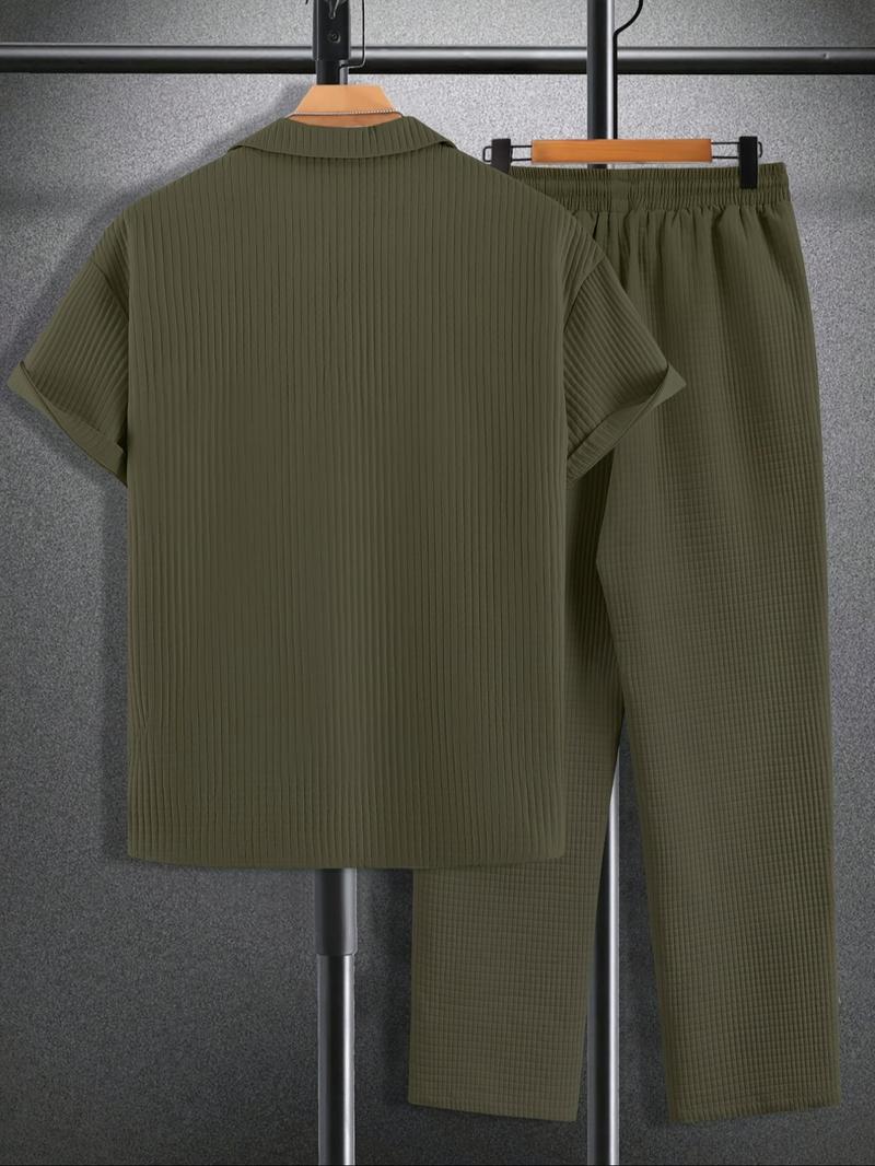 Product Introduction of Two-Piece Set Men's Plain Pocket Button Front Shirt & Drawstring Waist Pants Set, Regular Fit Casual Short Sleeve Lapel Neckline Top & Elastic Waist Trousers, Men Outfits for Summer 6