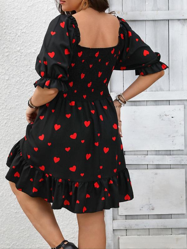 Plus Size Heart Print Ruffle Hem Shirred Dress, Casual Flounce Sleeve Square Neck A Line Dress, Women's Clothes for Summer, Summer Dresses 2025, Womenswear 1