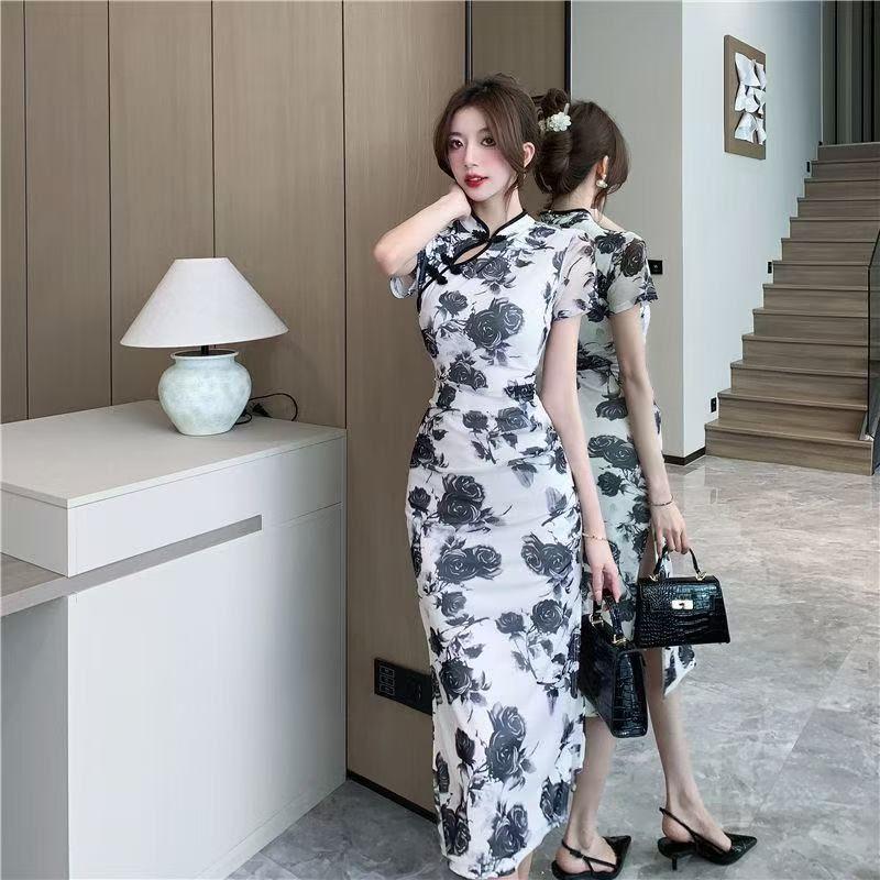 Product Introduction of Váy Cao Trên Đầu Gối, Phong Cách Trung Quốc Mùa Hè, Dáng Ôm, Xẻ Tà Thanh Lịch, Sườn Xám Sửa Đổi, Thường Ngày, Thanh Lịch Và Thời Trang 3