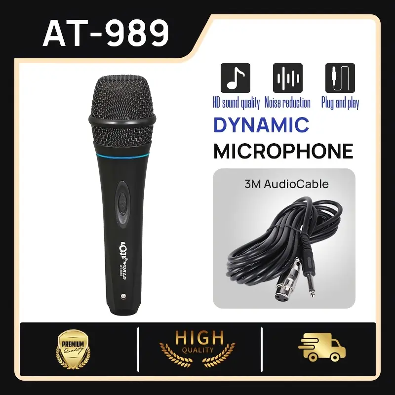 AT-989 Professional Wired Dynamic Cardioid Microphone with 3m Audio Cable, Noise Reduction & Plug-and-Play for Studio Recording, Karaoke, Live Singing, and Podcasting - Black, Microphone for Recording
