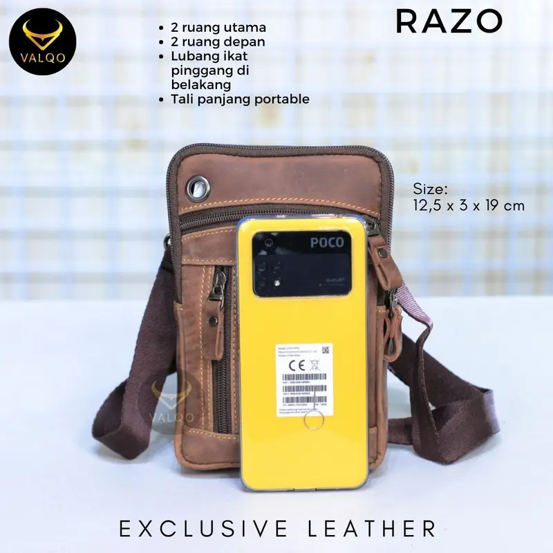 [VALQO] RAZO Tas Kecil Mini Kulit Sapi Selempang Slingbag Kecil Mini Tas HP Hitam 4