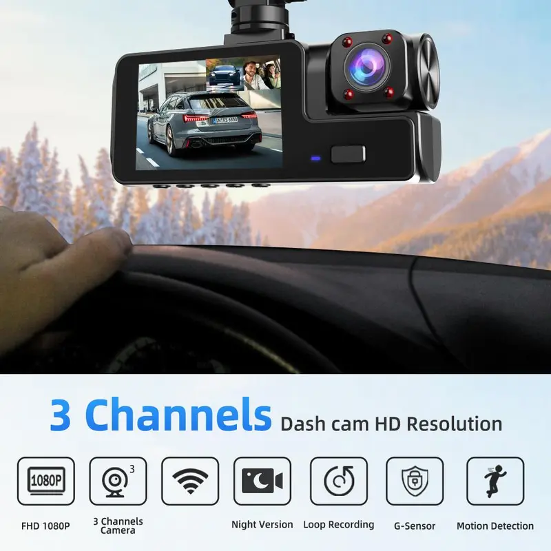 Car DVR, 1080P Car DVR with 2.0 Inch IPS Screen, Car Front & Inside & Rear 3-Camera Driving Recorder, Automotive Camera with Loop Recording, Car Essentials, Dashcam, Black 4