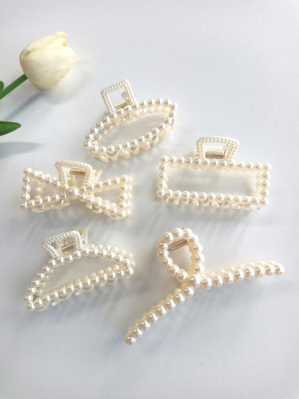 Summer 2024 Elegant Style Geometric Faux Pearl Decor Hair Claw Clips, Gorgeous Bow Design Hair Claws Set, Fashion Kawaii Hair Accessories for Women & Girls 0