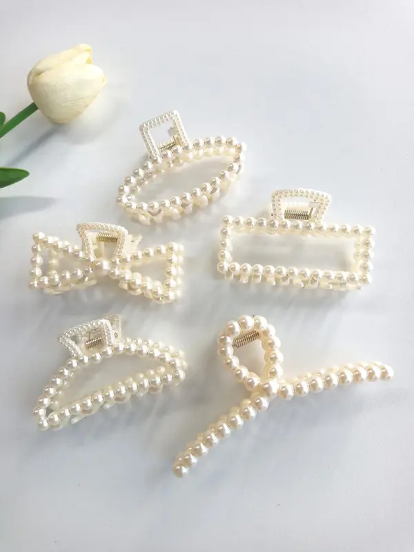 Summer 2024 Elegant Style Geometric Faux Pearl Decor Hair Claw Clips, Gorgeous Bow Design Hair Claws Set, Fashion Kawaii Hair Accessories for Women & Girls 0